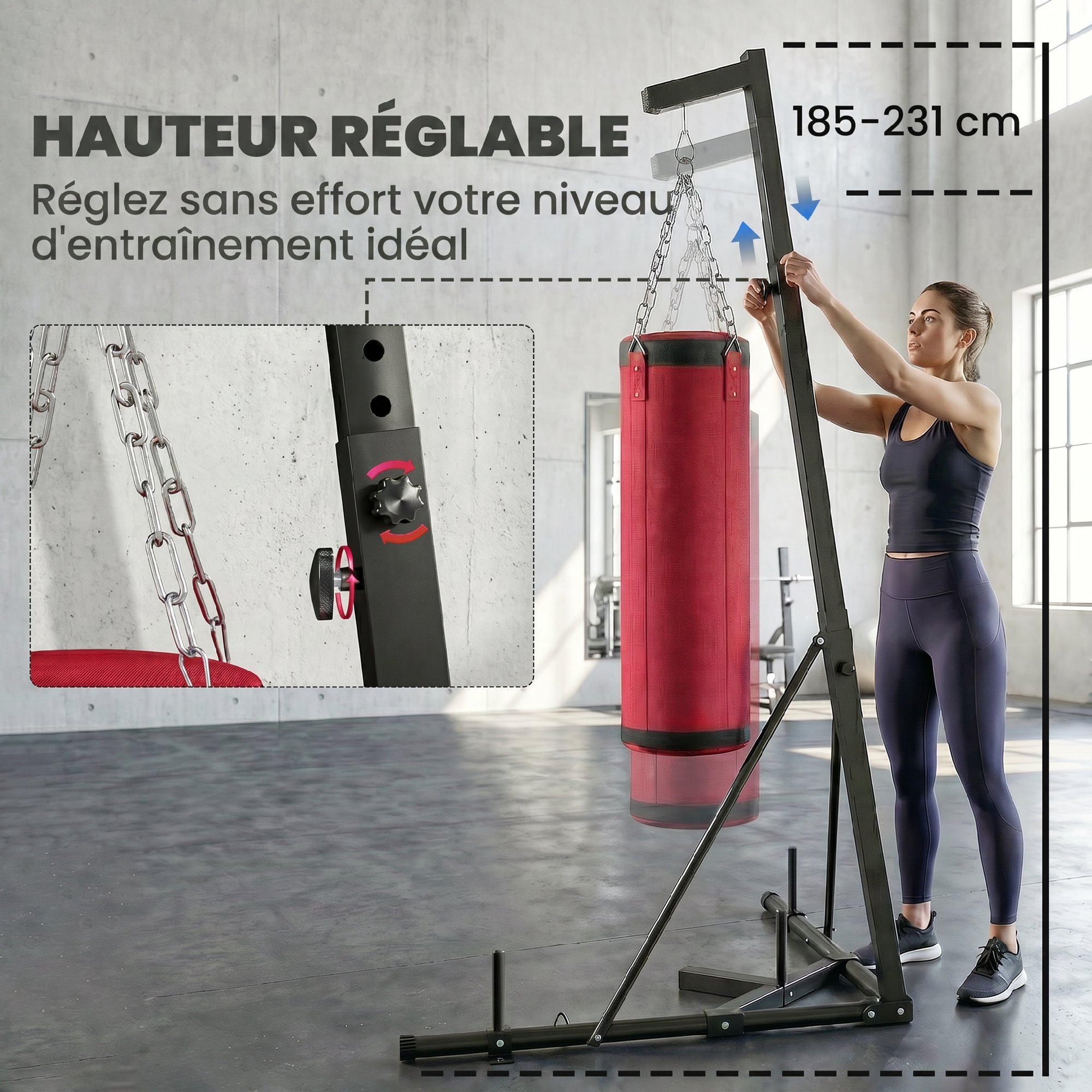 Sac de frappe autoportant à lester hauteur réglable acier noir toile rouge