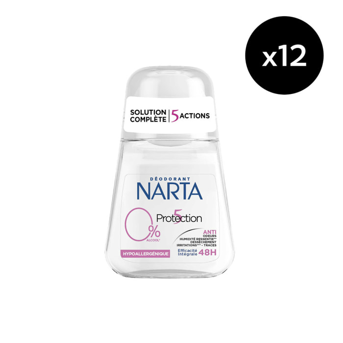 Lot de 12 - Narta Protection 5 Femme Déodorant Bille Efficacité Intégrale 48h Sans Alcool Hypoallergénique 50ml