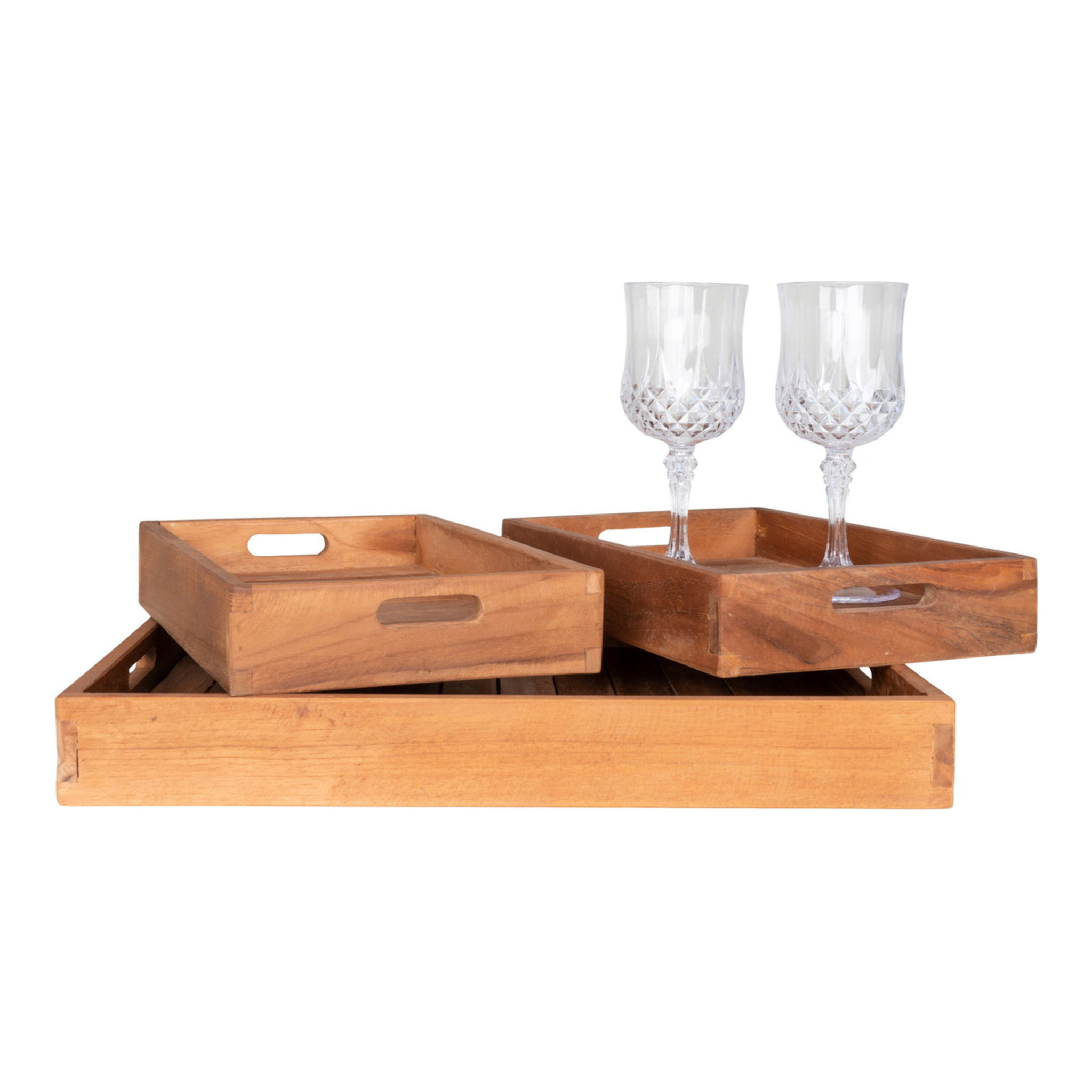 Set 3 vassoi in teak naturale Faro — misure graduate