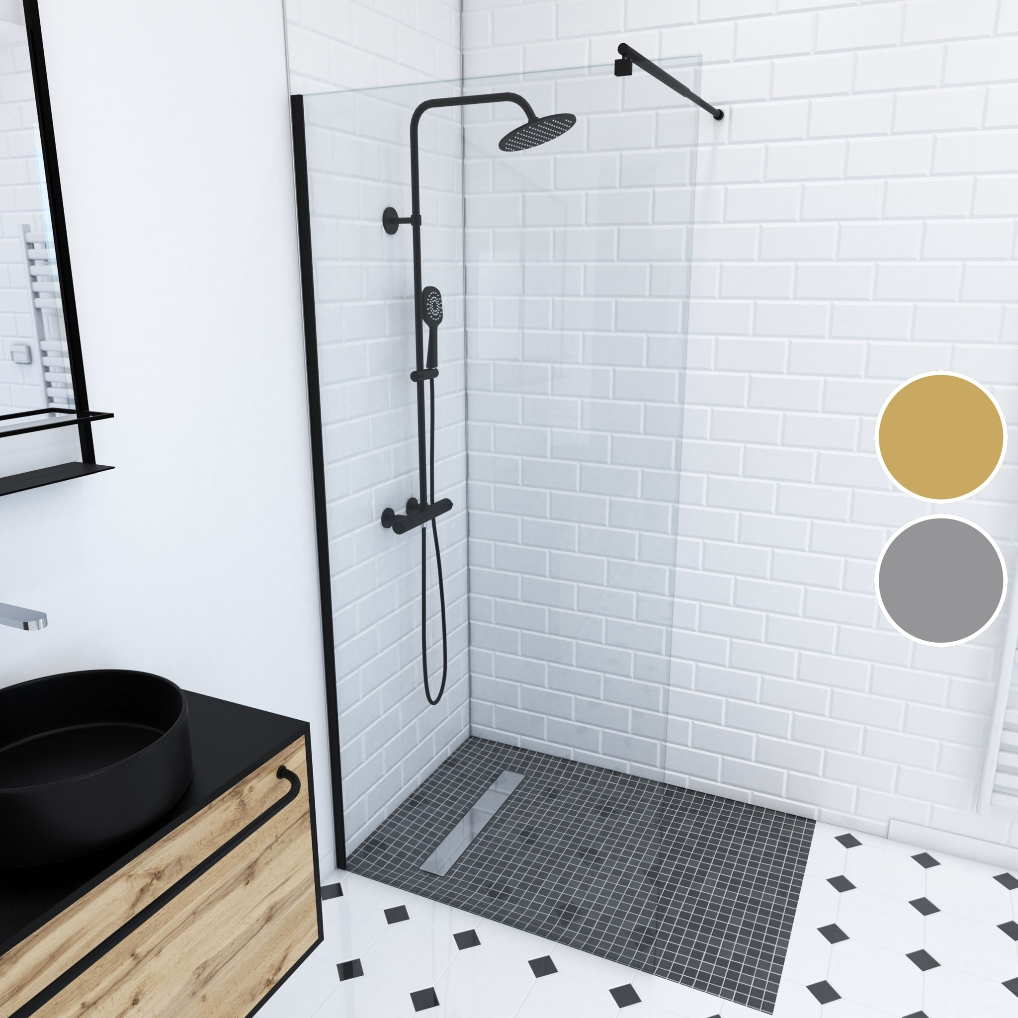 Paroi de Douche 80x200cm Verre Transparent - Barre de Fixation Extensible et Profil Noir