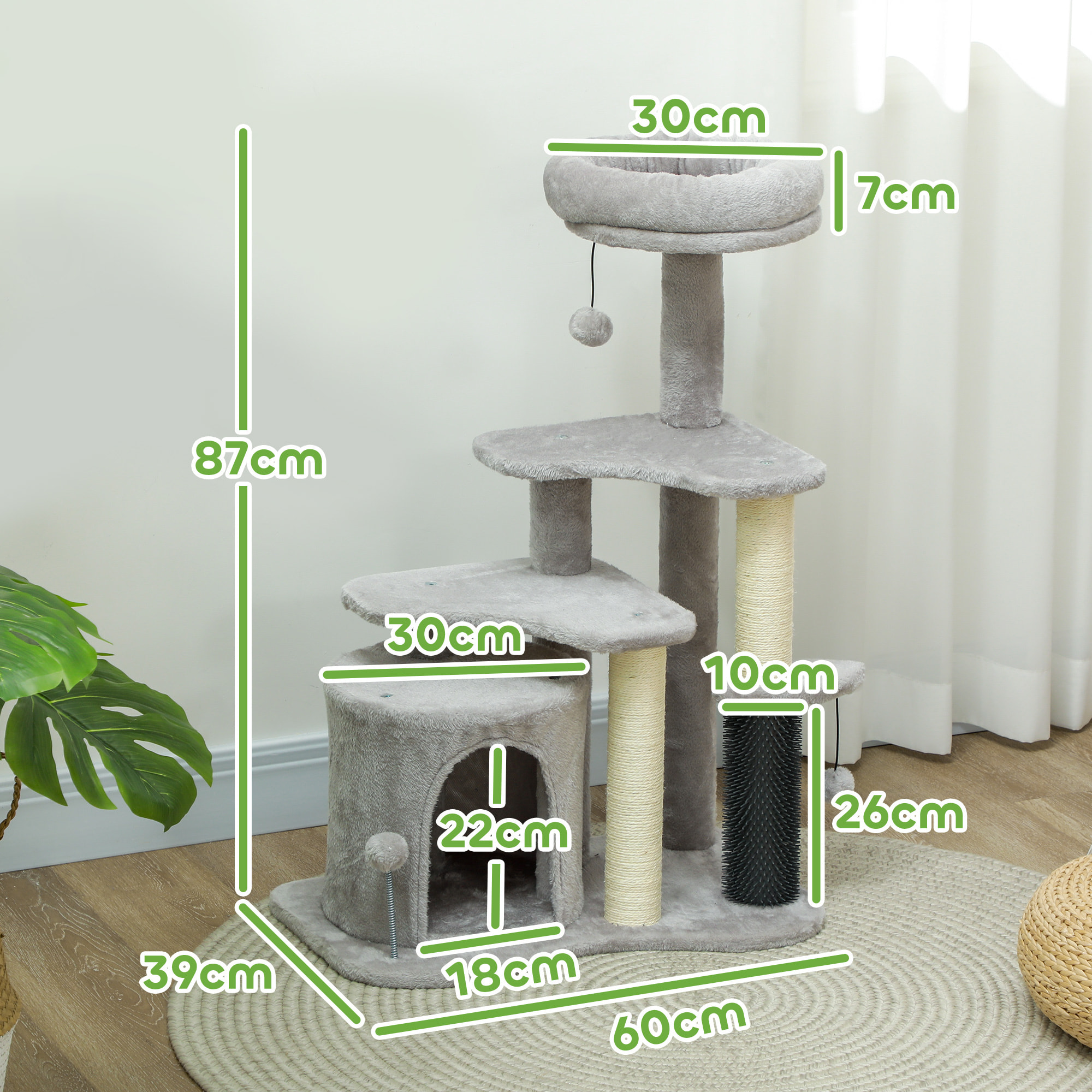 Arbre à chat H.87 cm 3 niv. - griffoirs, niche, bande massante, tour observation, boules - gris clair