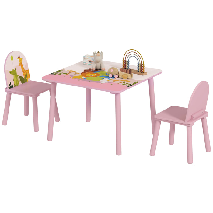 Mesa Infantil con 2 Sillas, Mesa y Sillas Infantil con Estampados de Animales, para Niños y Niñas de 3-8 Años, para Hogar, Guardería, Aulas, Rosa