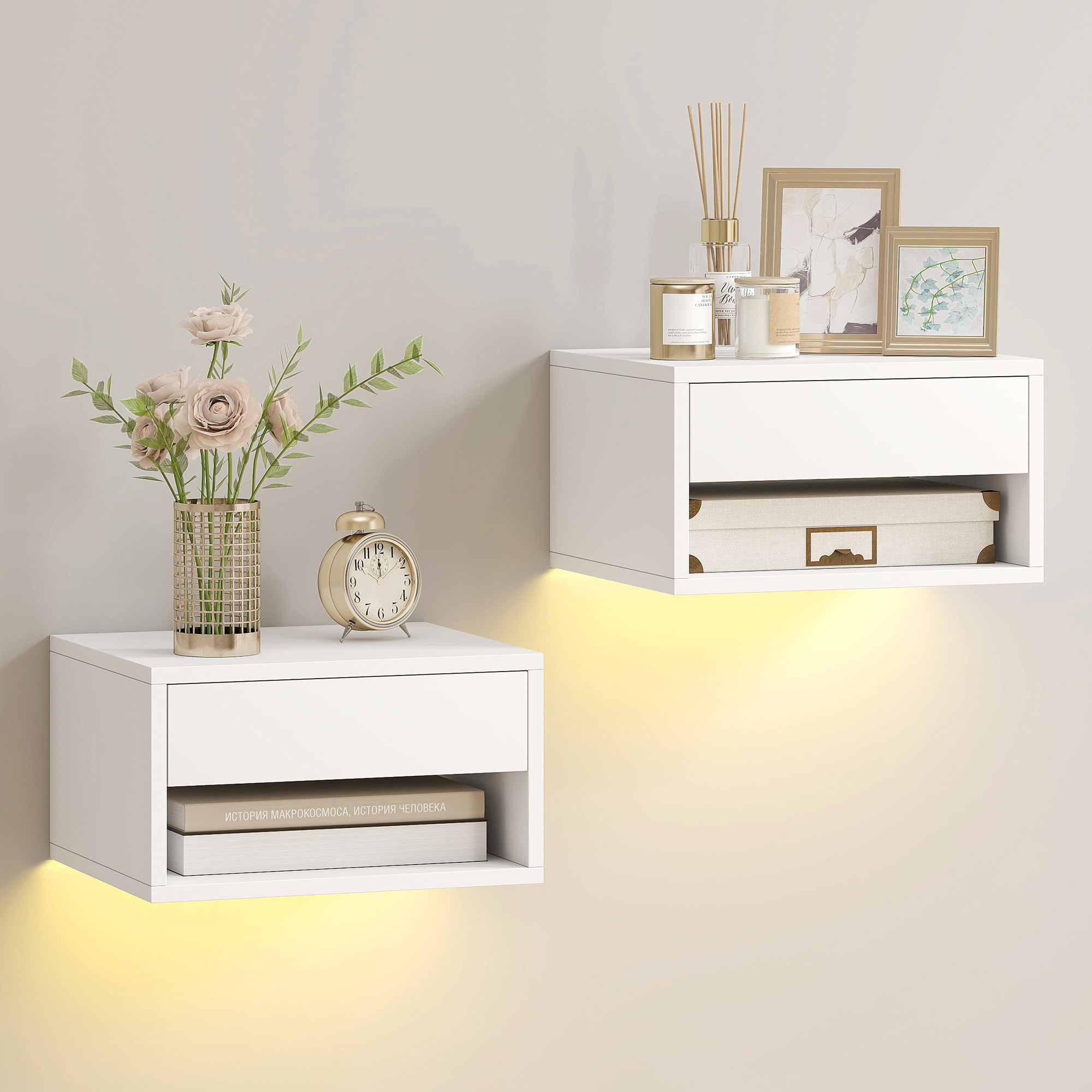 Juego de 2 Mesitas de Noche Flotantes con Luces LED RGB Control de APP, Mesillas de Noche Dormitorio con Cajón, Estante Abierto, para Sala de Estar, 37x32x21 cm, Blanco