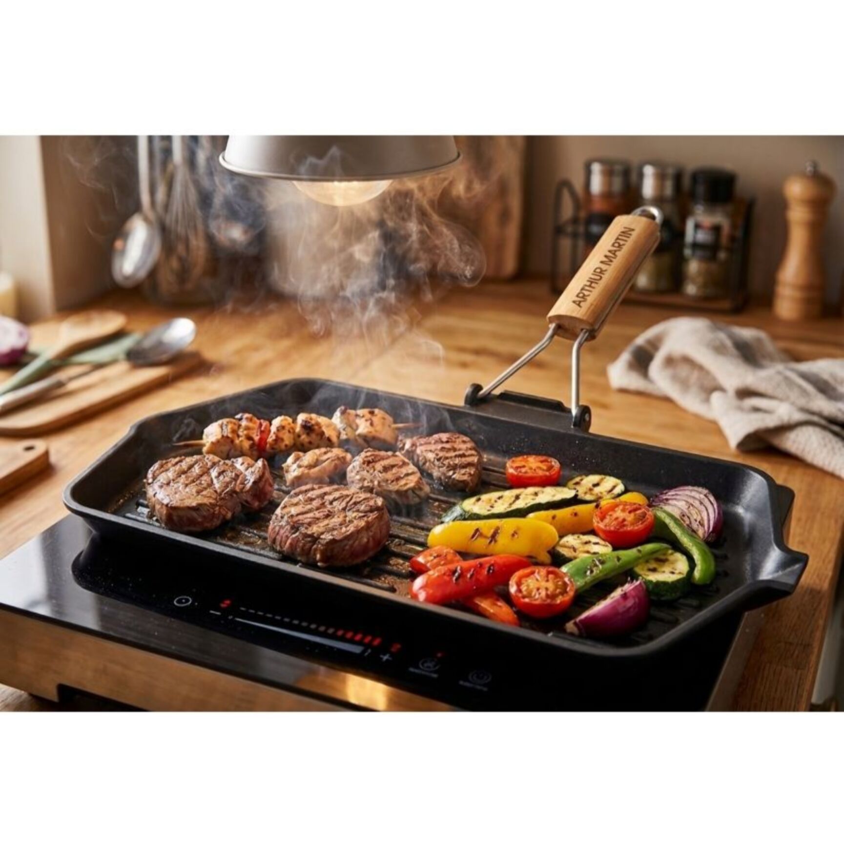 Poêle Grill poignée en Bois 34cm Fonte d'acier tous feux dont induction four Noir Arthur Martin AM4418