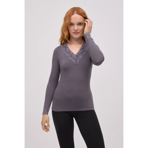 Maglietta termica con scollo a V e dettagli in pizzo grigio