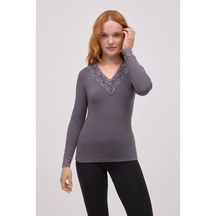 Maglietta termica con scollo a V e dettagli in pizzo grigio