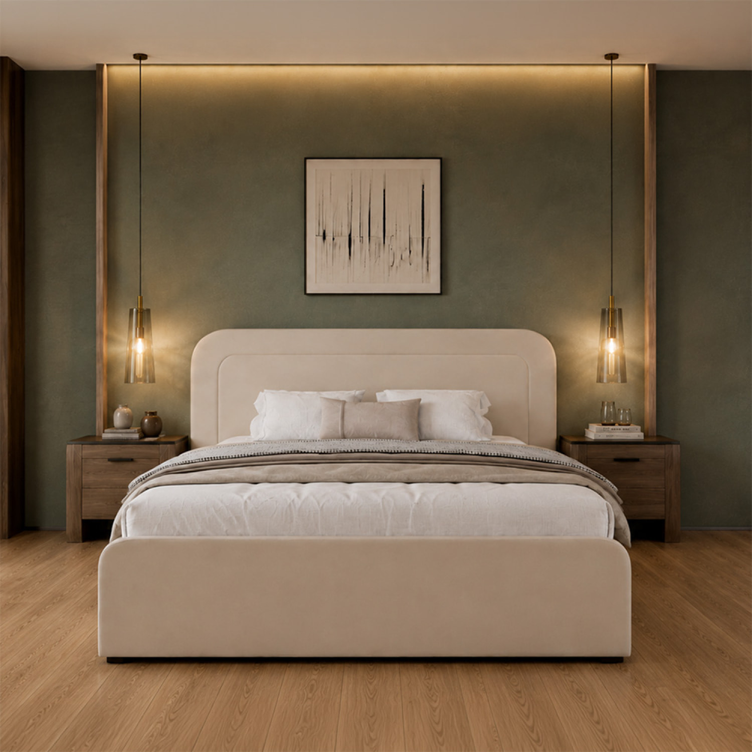 Lit avec coffre de rangement 140x190cm en velours beige SEDONA