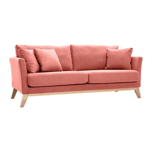 Canapé scandinave déhoussable 3 places en tissu effet velours texturé terracotta et bois clair OSLO
