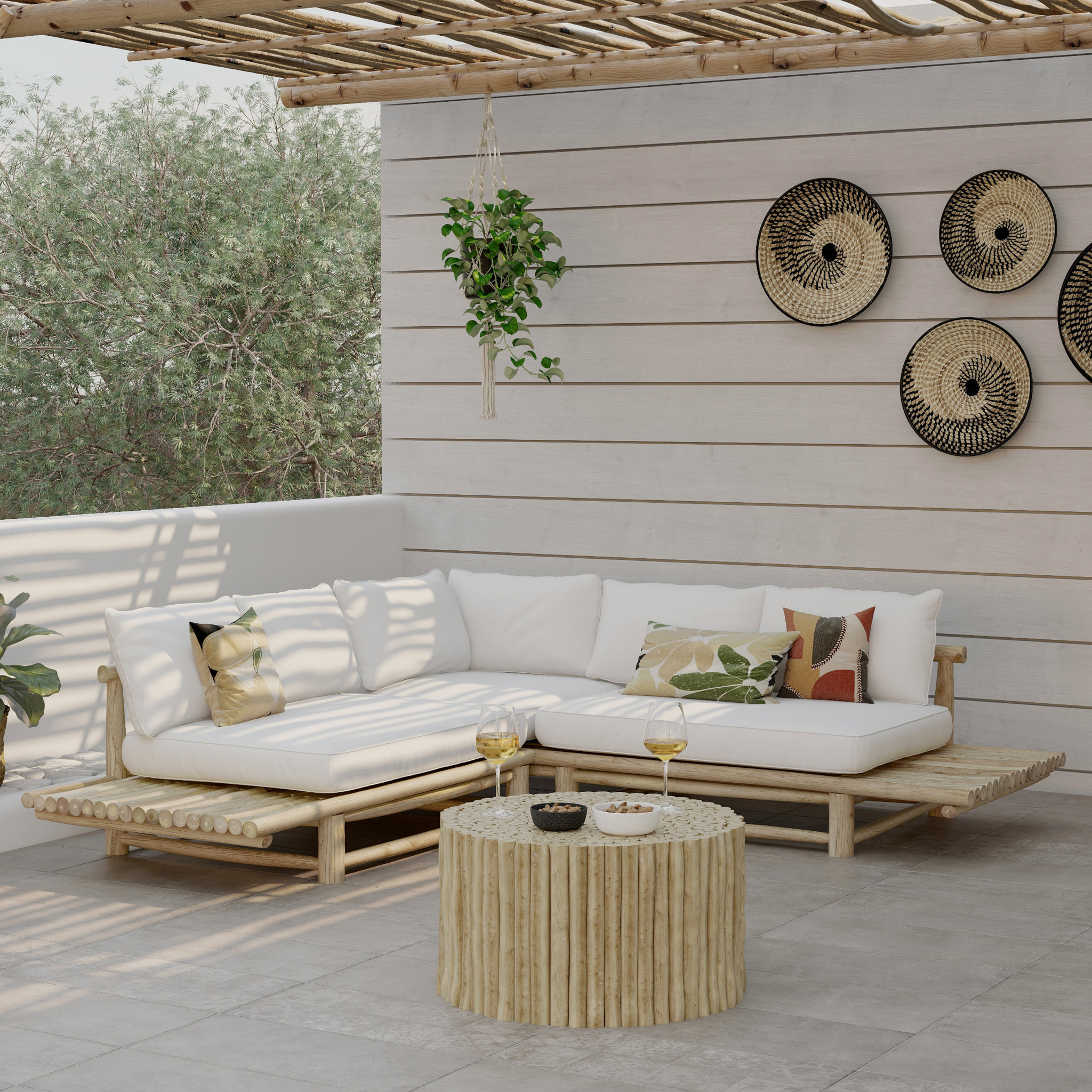 Table basse de jardin ronde en rondins de teck D70 cm - Imani