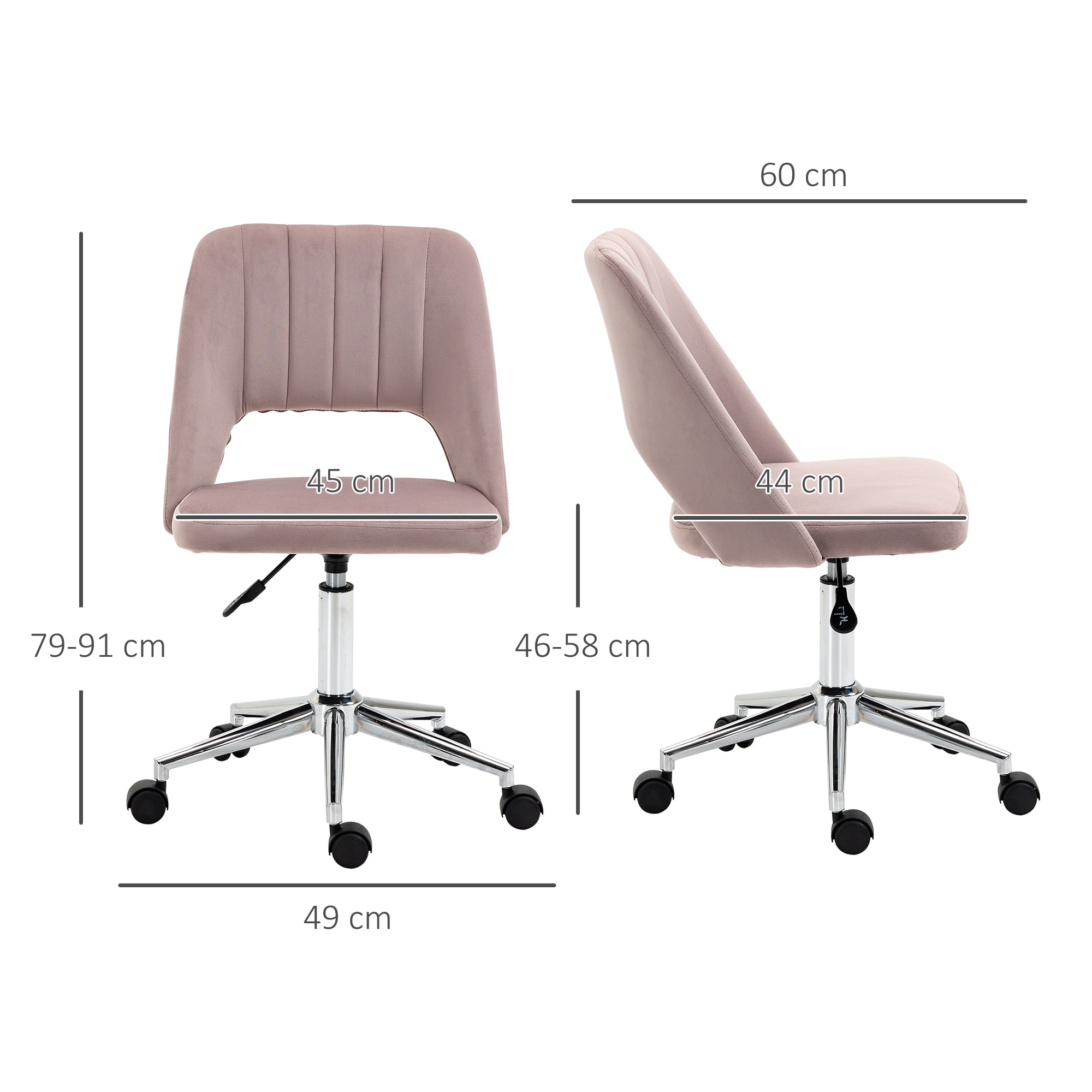 Vinsetto Chaise de bureau design contemporain dossier ergonomique ajouré strié hauteur réglable pivotante 360° piètement chromé velours rose poudré