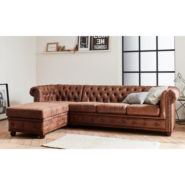Winston - Canapé d'angle Chesterfield - 4 places - style industriel - gauche - Marron
