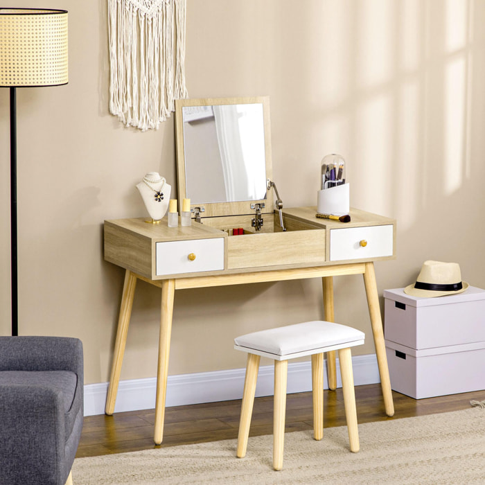 Coiffeuse avec tabouret style scandinave - 2 tiroirs, compartiment porte miroir - panneaux aspect chêne clair blanc