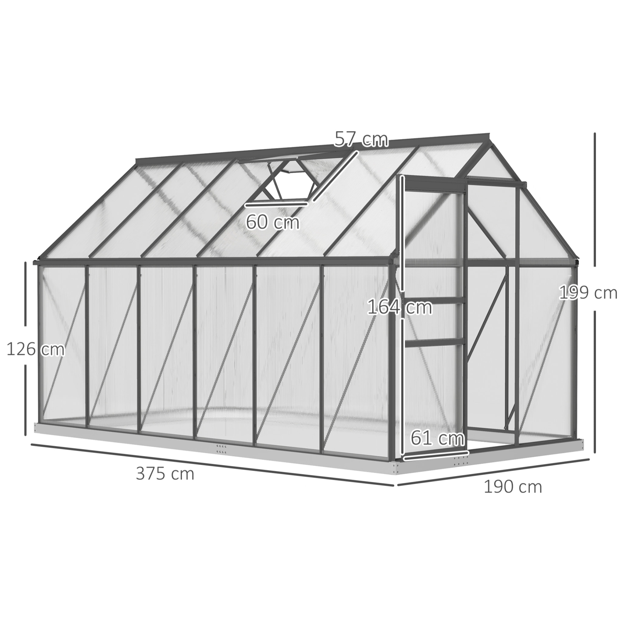 Serre de jardin polycarbonate alu 7 m² dim. 3,75L x 1,9l x 1,99H m lucarne réglable fondation porte coulissante gris