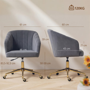 Silla de Oficina con Ruedas, Silla de Escritorio de Terciopelo con Respaldo Acolchado con Costuras, Asiento Ancho, Altura Ajustable, Espuma de Alta Resiliencia, para Casa, Oficina, Gris