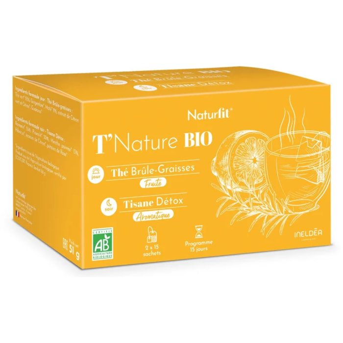 NATURFIT - T'Nature BIO - Thé Brûle-Graisses fruité & Tisane Détox aromatique 100% BIO - Favorise l'élimination des toxines et le déstockage des graisses - 2 x 15 sachets - Cure 15j