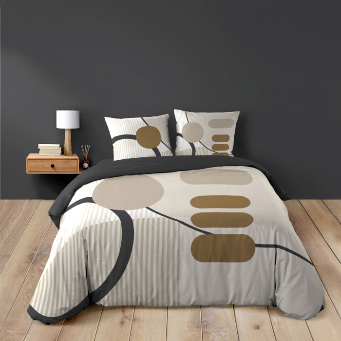 Parure de lit coton motif géométrique double face imprimée - Naturel