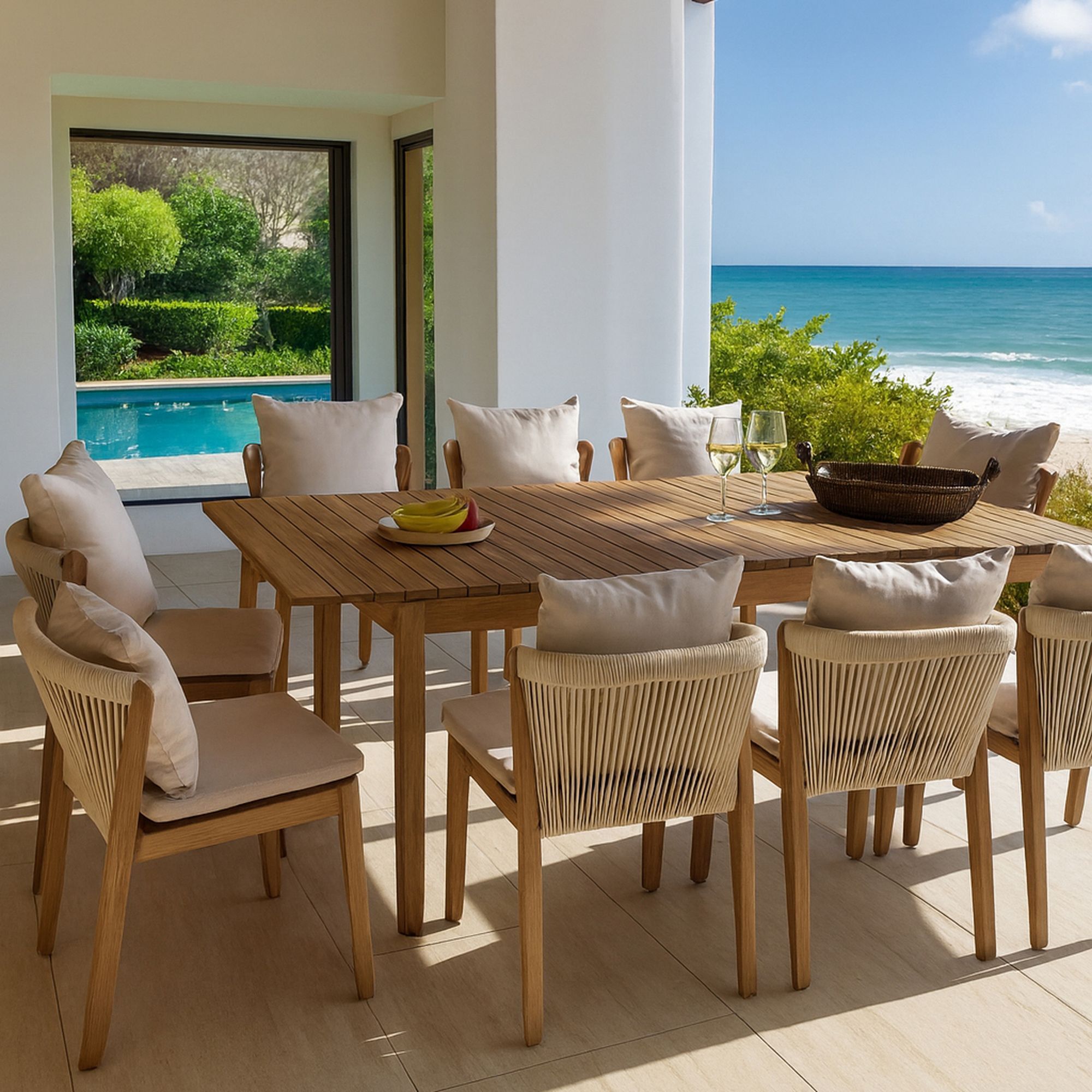 Ensemble de jardin table et 10 chaises en bois avec coussin FIDJI