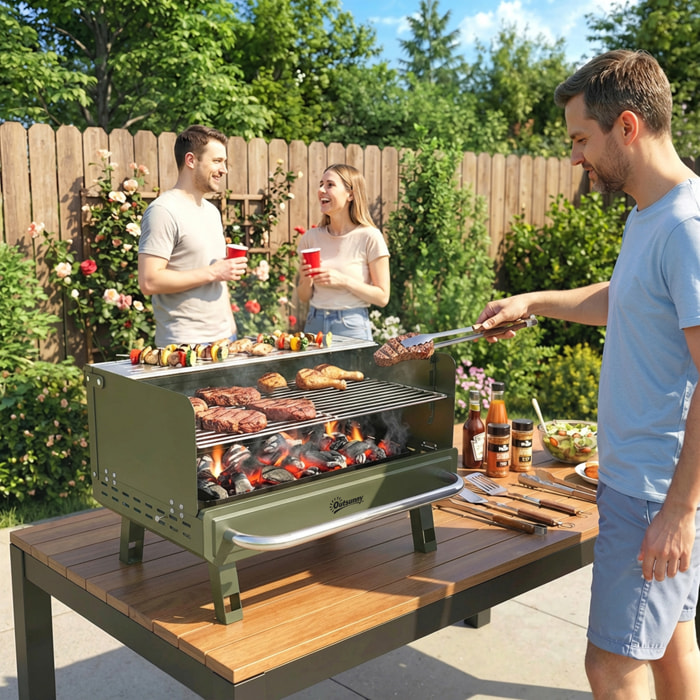 Barbacoa de Carbón Plegable, Barbacoa Portátil, 52x37x31,8 cm, con Rejilla Ajustable, Estante Lateral Plegable y Bandeja de Carbón Extraíble, para Camping, Picnic, Fiesta en Jardín, Verde