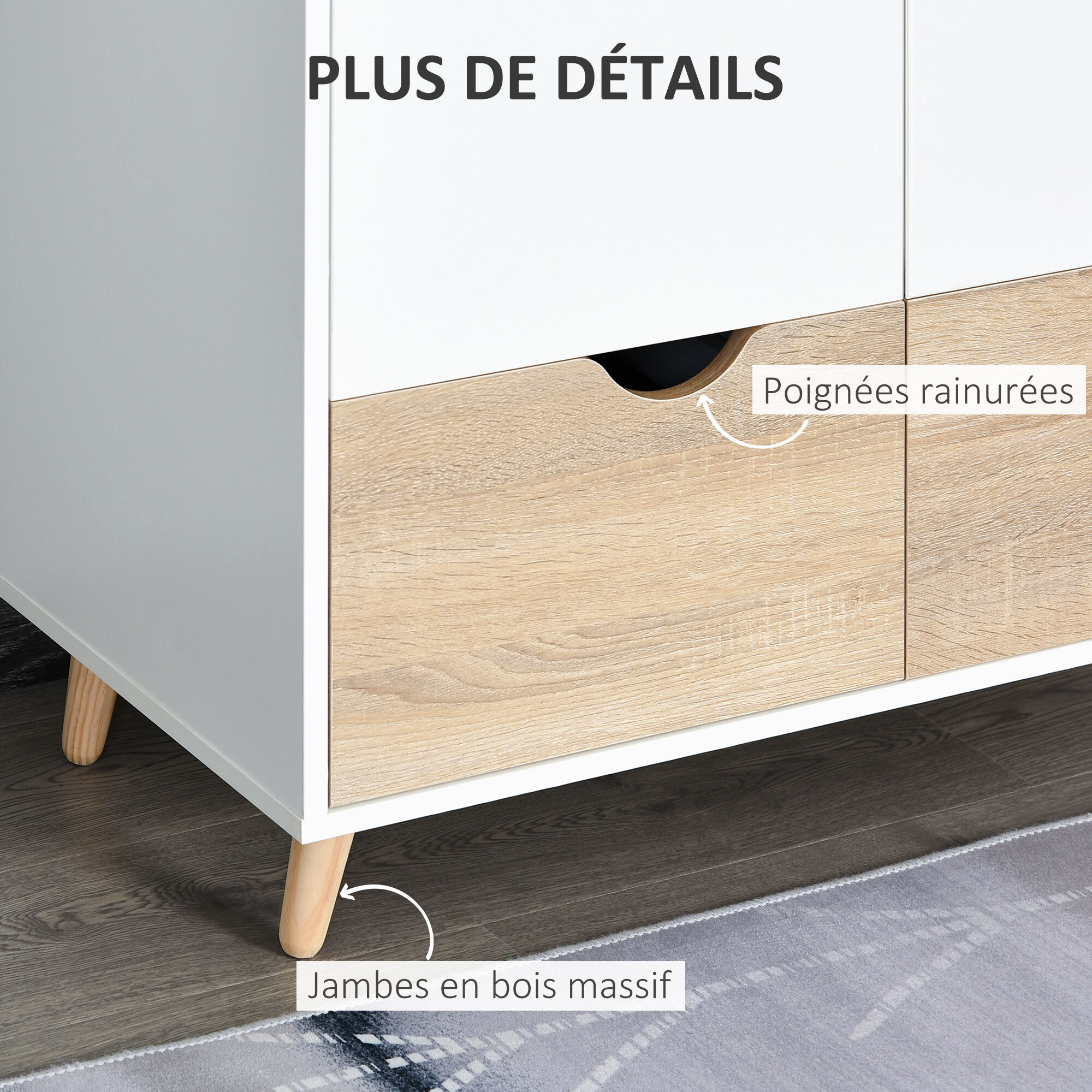 Armoire de rangement design scandinave - armoire de chambre - placard 2 portes avec penderie et étagère - 2 tiroirs coulissants - panneaux particules blanc chêne clair