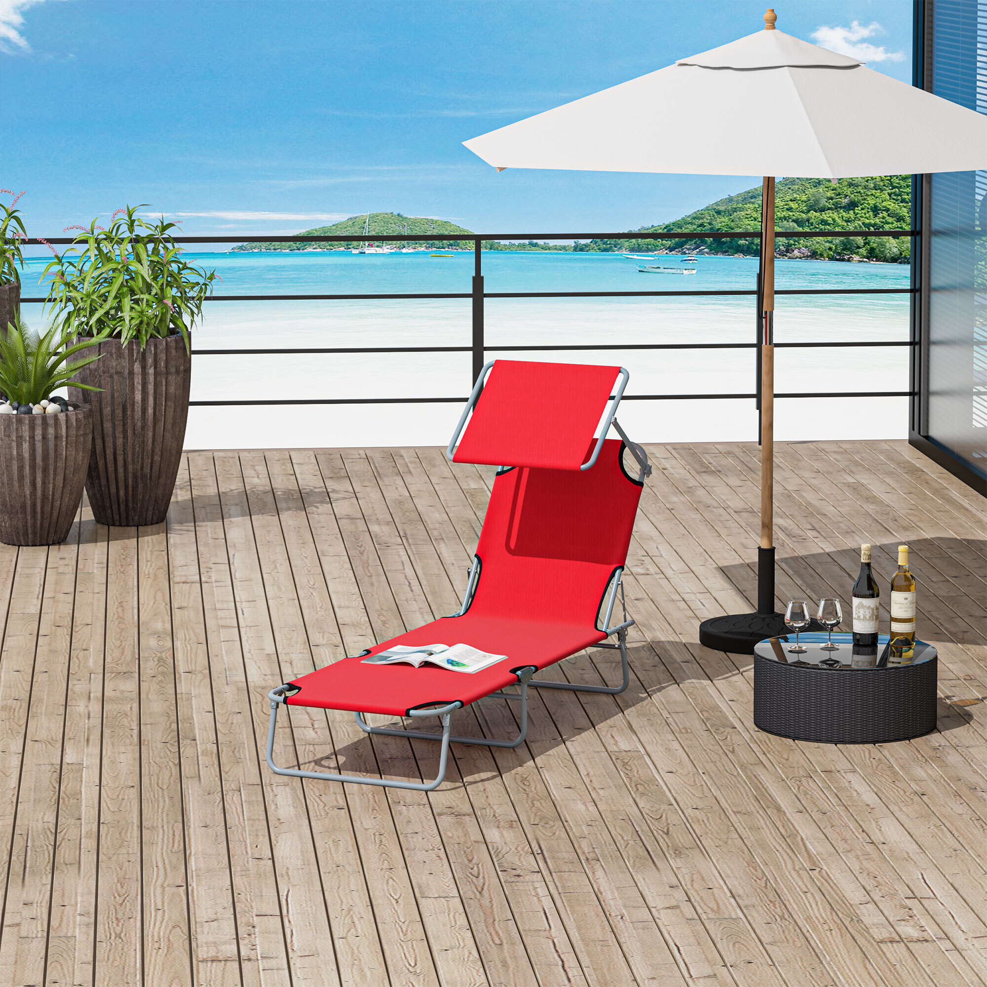 Tumbona Plegable Tumbona de Jardín Exterior Reclinable con Toldo Desmontable con ángulo Regulable Respaldo Ajustable en 4 Niveles para Terraza Piscina Patio 187x58x36 cm Rojo