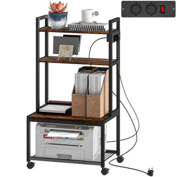 Soporte para Impresora con Estación de Carga Mueble para Impresora de 4 Niveles con Ruedas y Marco Metálico para Oficina Casa Escuela Marrón Rústico