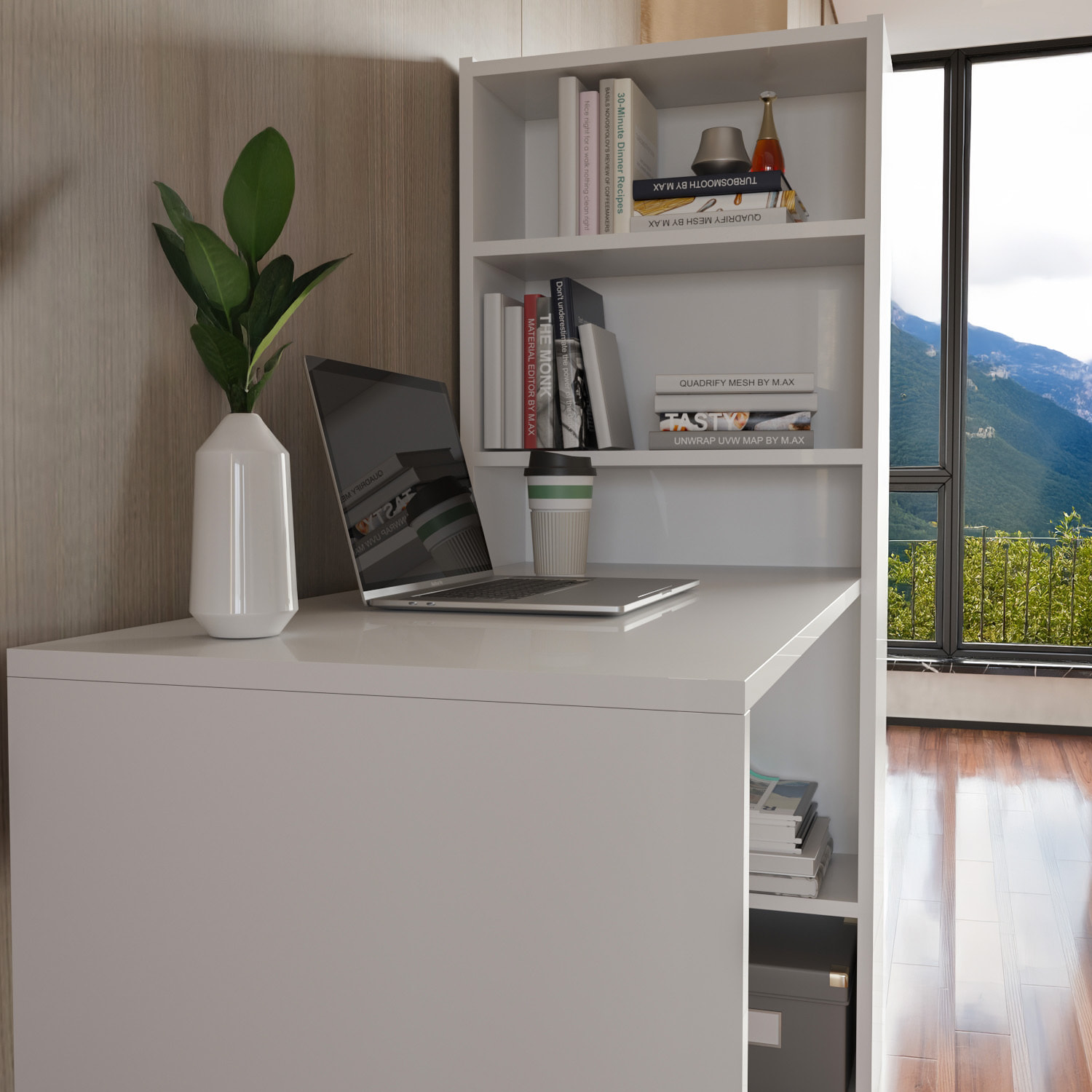 Scrivania Con Libreria Reversibile Salvaspazio Kirkensen Scrittoio Scaffali Laterali Mobile Desk Postazione Pc Studio 120 x 144 x 53 cm Bianco