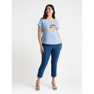 Fiorella Rubino - T-shirt con stampa estiva e strass - Azzurro