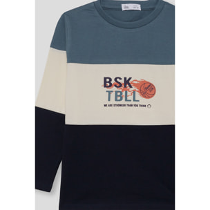 Camiseta niño de manga larga en bloques azul y crudo, estampado de baloncesto en el pecho | Color: Marino | Street Monkey