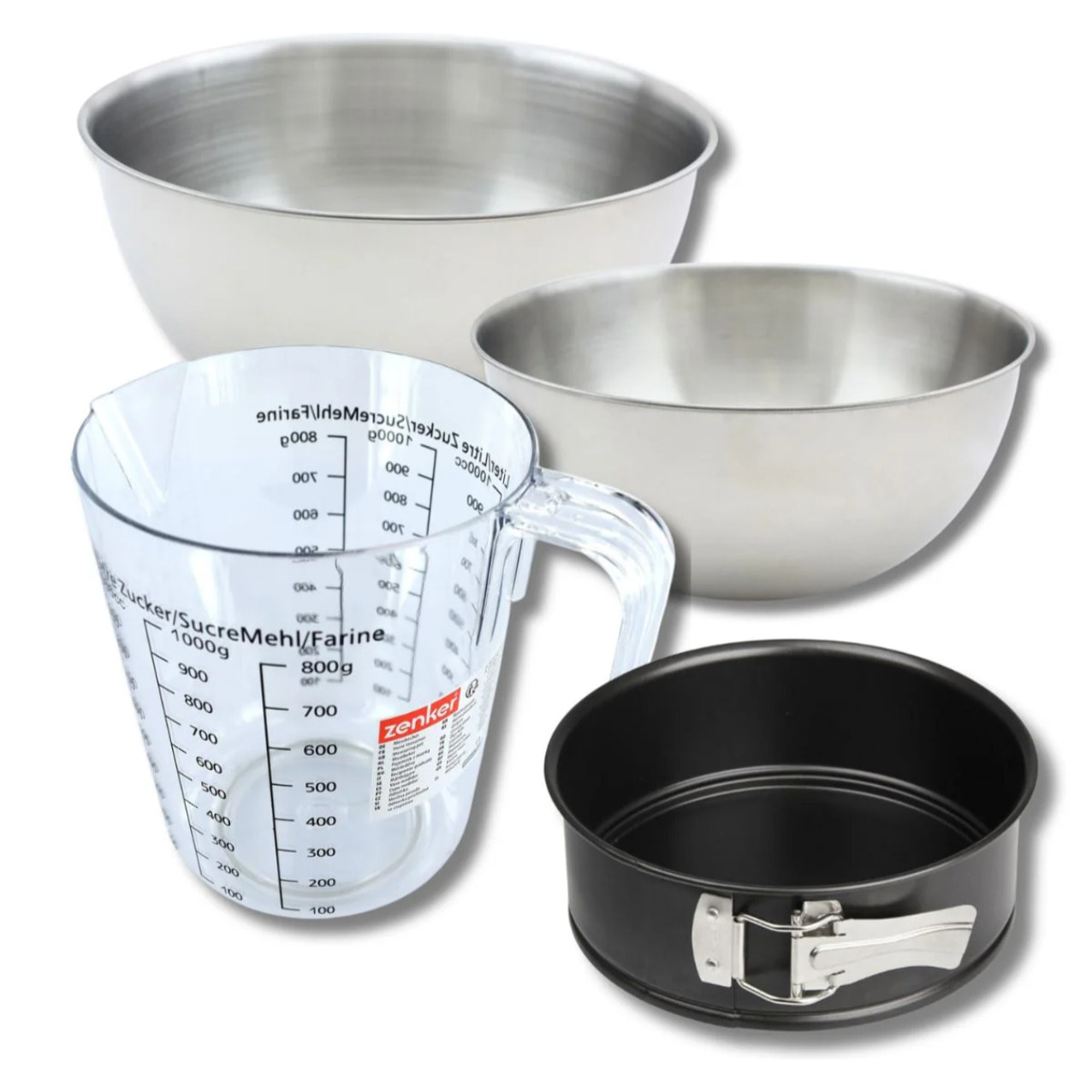 Set pâtisserie avec mini moule à manqué, 2 bols à mixer, verre mesureur et spatule Zenker