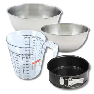 Set pâtisserie avec mini moule à manqué, 2 bols à mixer, verre mesureur et spatule Zenker