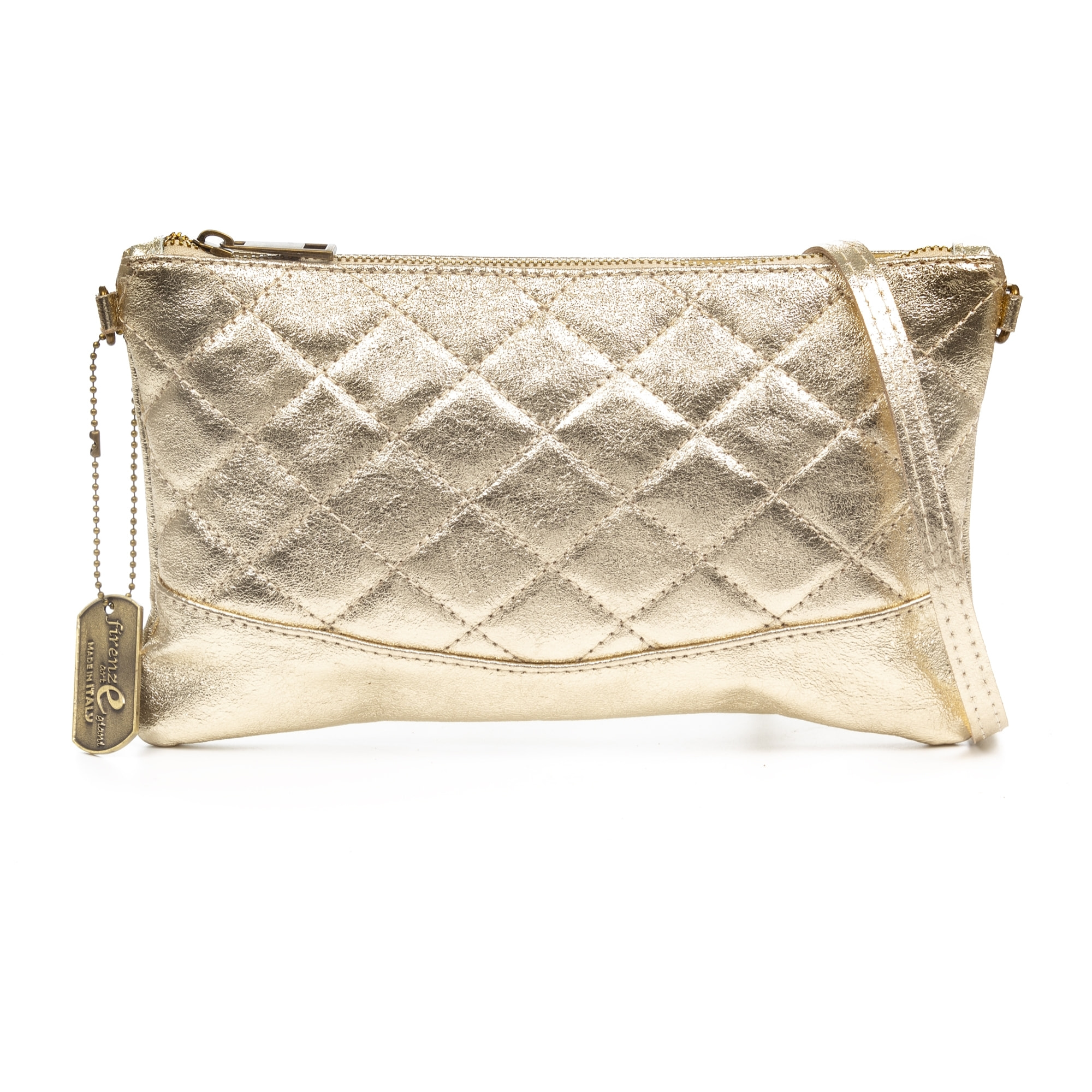 FIRENZE ARTEGIANI Aragona bolso bandolera mujer. Piel auténtica acabado Gamuza acolchada lacada. Fabricado en Italia 27x2x16 Cm. Color: Champagne