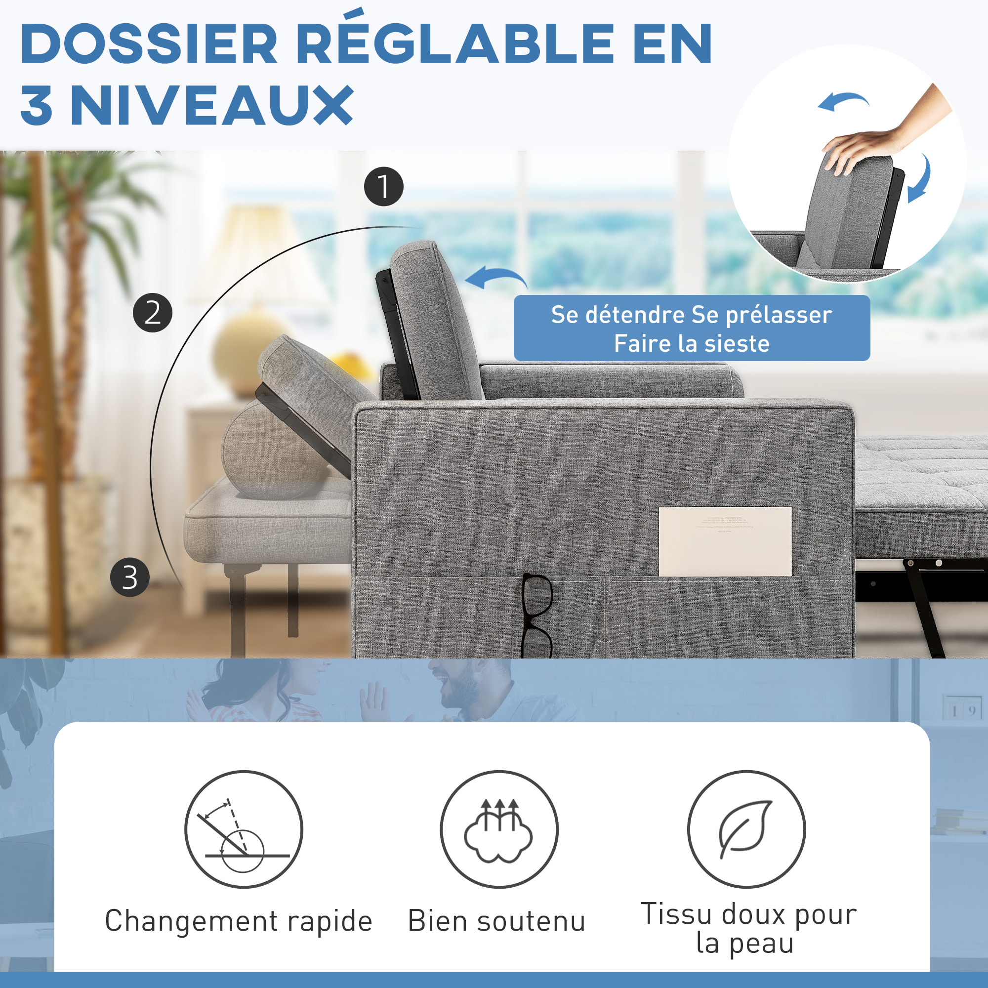 Canapé convertible 2 places style Chersterfield effet capitonné 2 coussins inclus tissu gris chiné