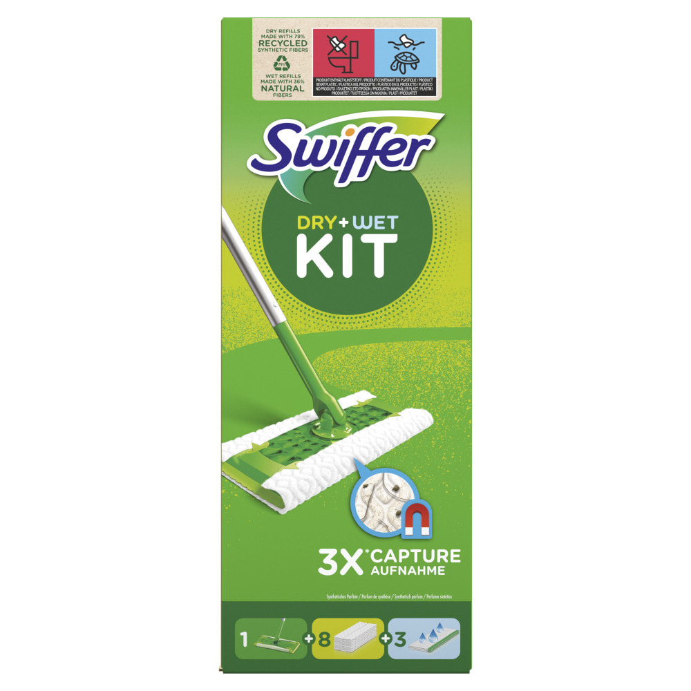 Kit de démarrage Swiffer Dry & Wet : Balai, 8 Lingettes Sèches Et 3 Lingettes Humides