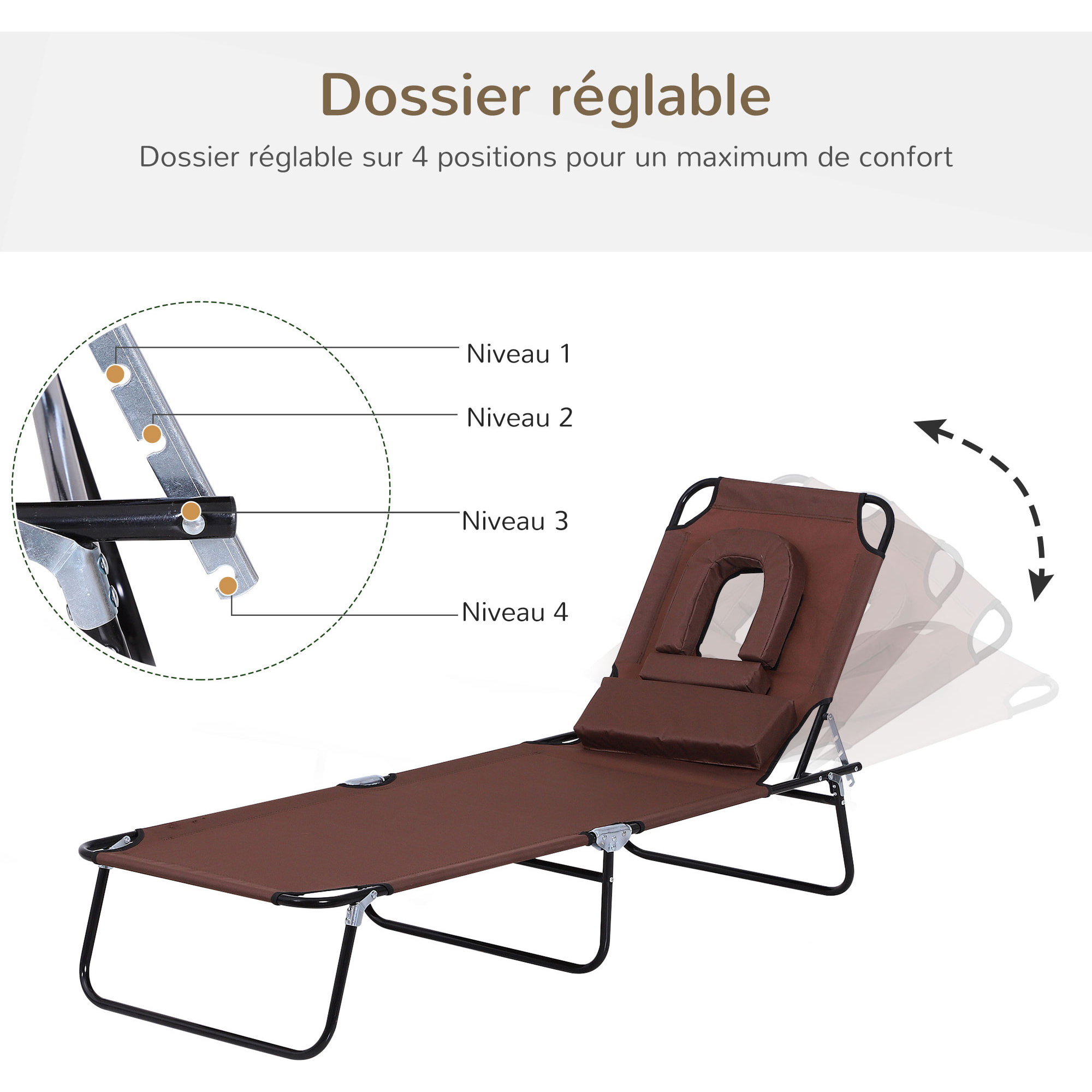 Bain de soleil pliable transat inclinable 4 positions chaise longue de lecture 3 coussins fournis marron