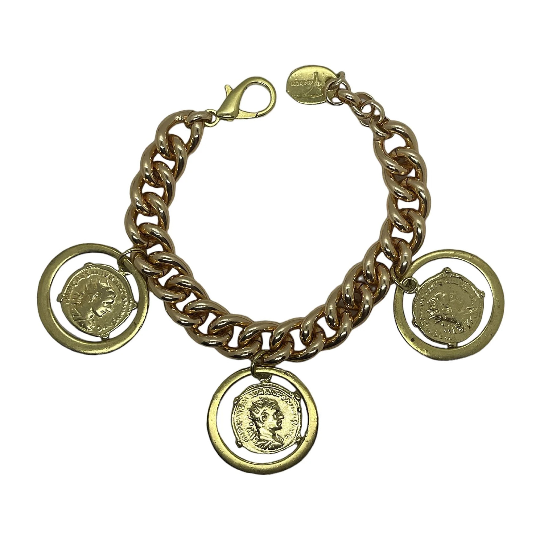 Pulsera Triple Aura con monedas tipo antigua en dorado. Aluminio ymetal