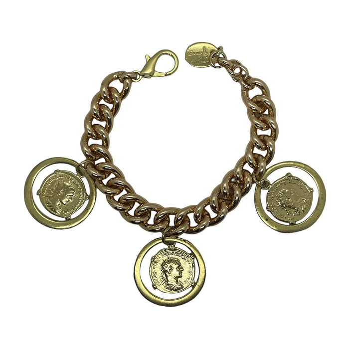 Pulsera Triple Aura con monedas tipo antigua en dorado. Aluminio ymetal