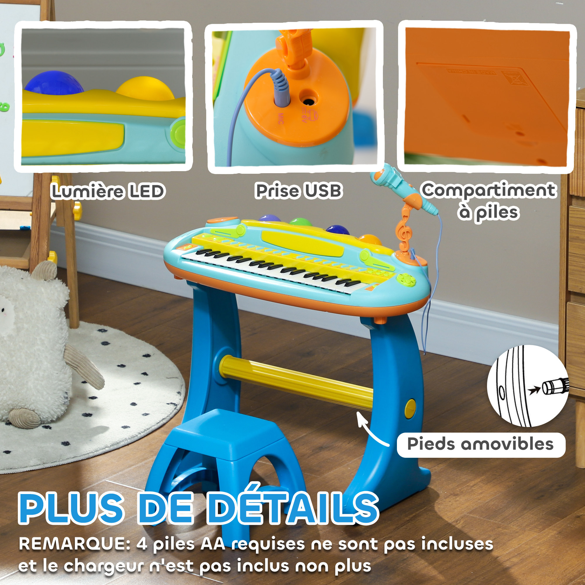 Clavier musical pour enfant - piano enfant avec tabouret et micro - 37 touches, 22 chansons, 8 instruments et rythmes - jaune bleu