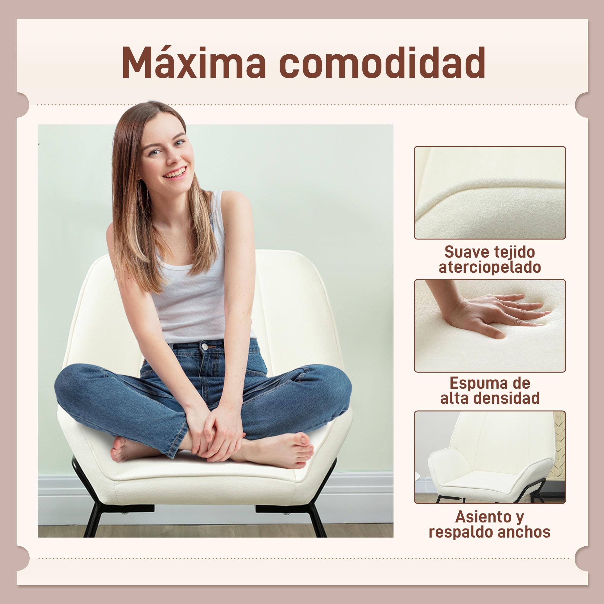 Butaca de Salón Moderna Sillón Lectura con Asiento Ancho y Acolchado Tapizado en Terciopelo Patas de Metal Sillón para Salón Sala de Estar Dormitorio Crema
