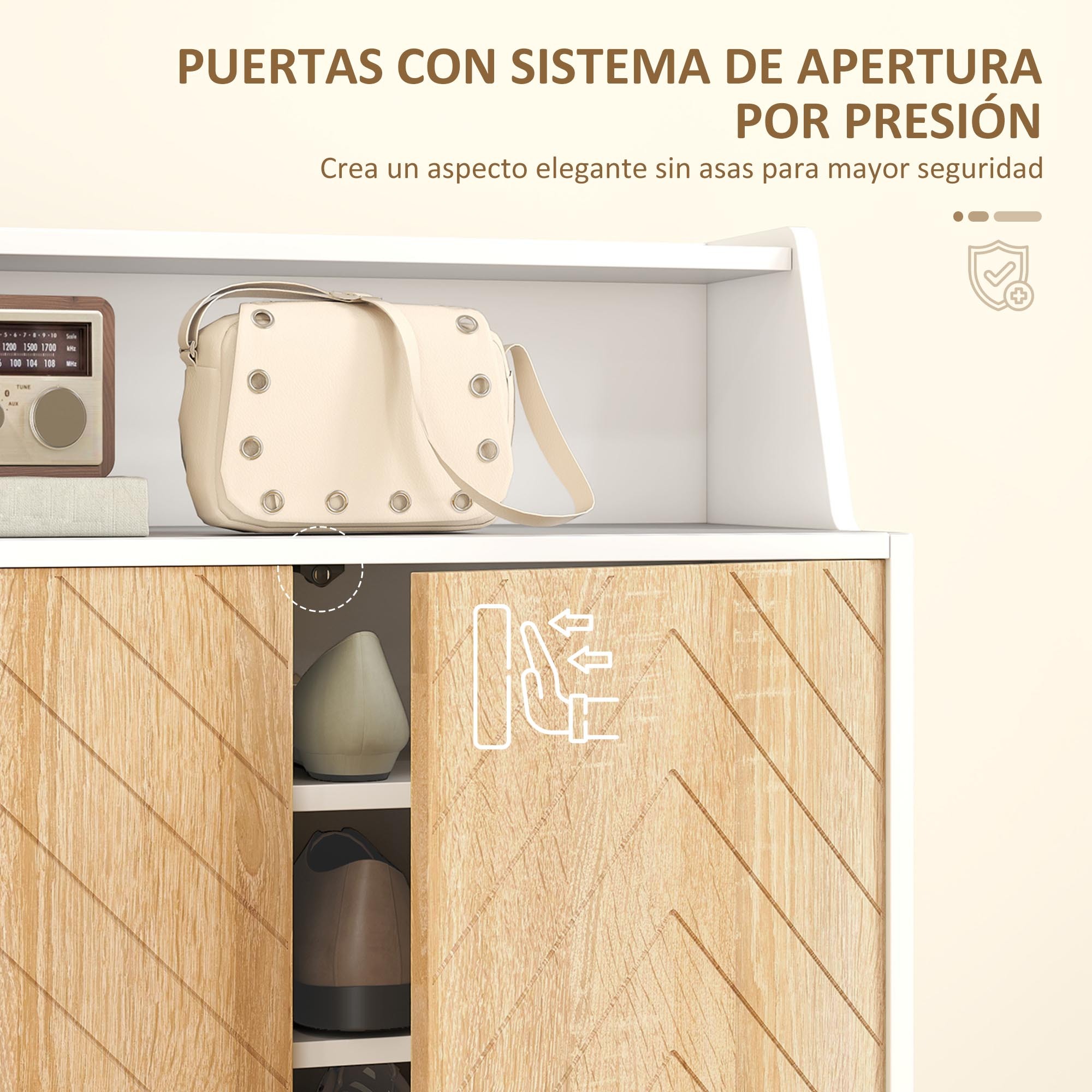 Zapatero de 2 Puertas en Espiga, Zapatero Entrada Recibidor con Estantes Ajustables, Compartimento Abierto y Patas de Madera, para 15 Pares de Zapatos, 75x35x104 cm, Blanco y Natural