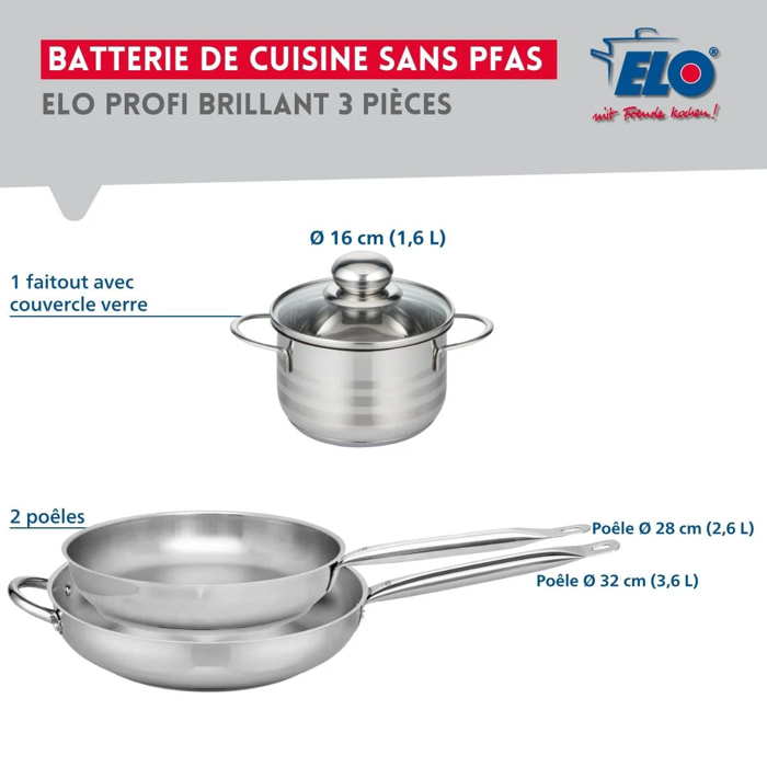 Ensemble de 2 Poêles de cuisson 28 et 32 cm et 1 faitout 16 cm Elo Profi Brillant