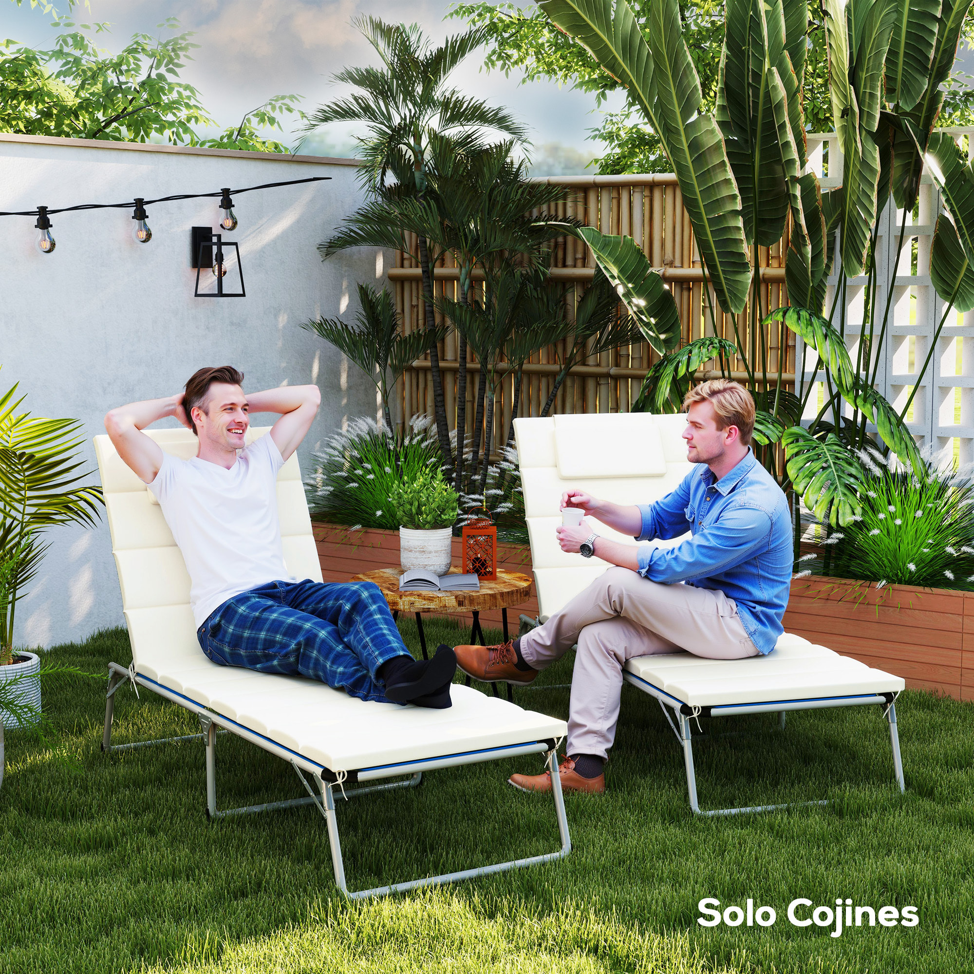 Pack 2 Cojines para Tumbonas Plegables Colchonetas para Tumbonas de Jardín Exterior 203x66x3 cm con Reposacabezas y Correas de Sujeción Crema
