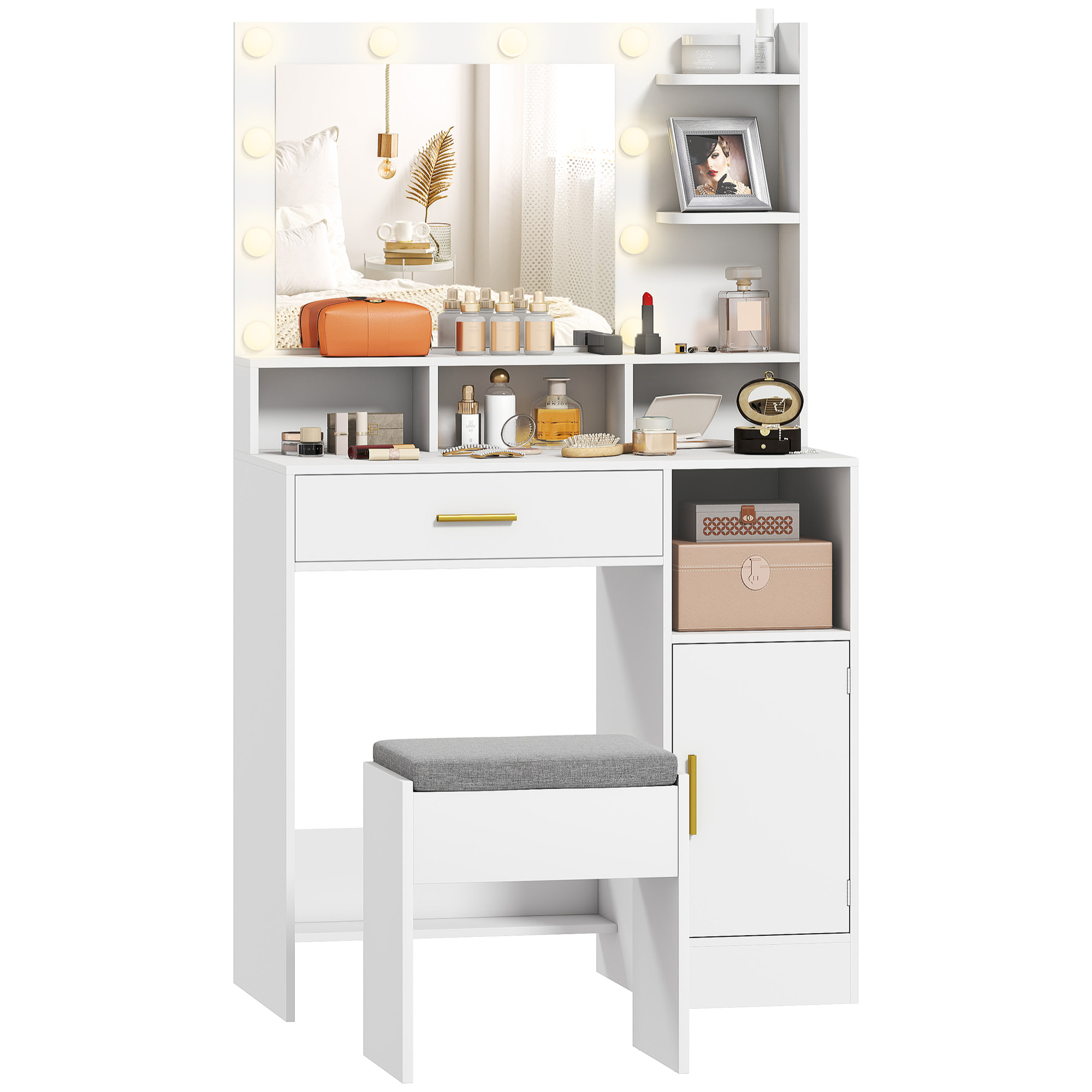 Tocador de Maquillaje con Luces LED y Taburete Tocador con Espejo 2 Colores 10 Bombillas Cajón Estantes Compartimentos Abiertos para Dormitorio Vestidor Blanco