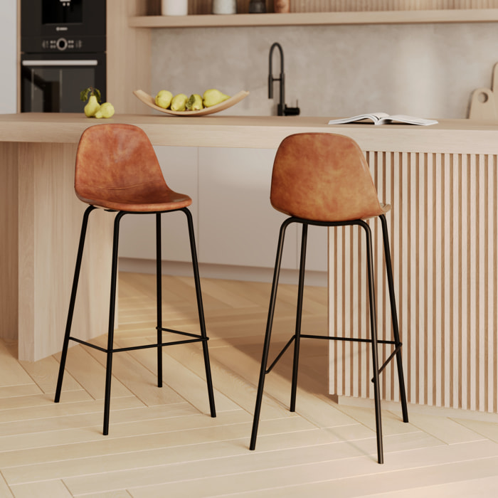 Lot de 2 chaises de bar 75 cm en cuir synthétique camel - Henrik