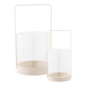 Set 2 portacandele hurricane in vetro e metallo beige - misure ø12/18 cm