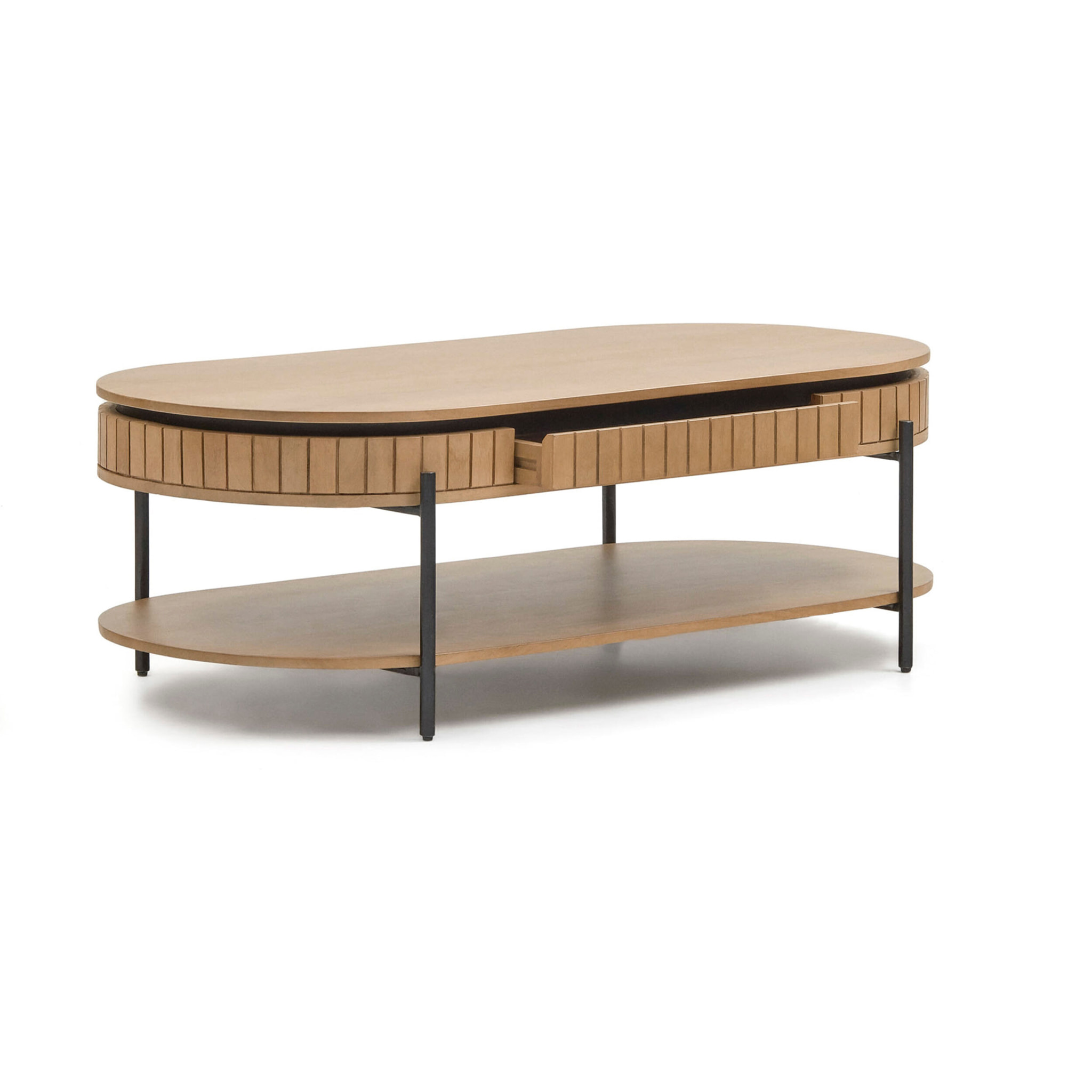 Mesa de centro Licia 1 cajón de madera maciza de mango y metal pintado negro 130 x 65 cm