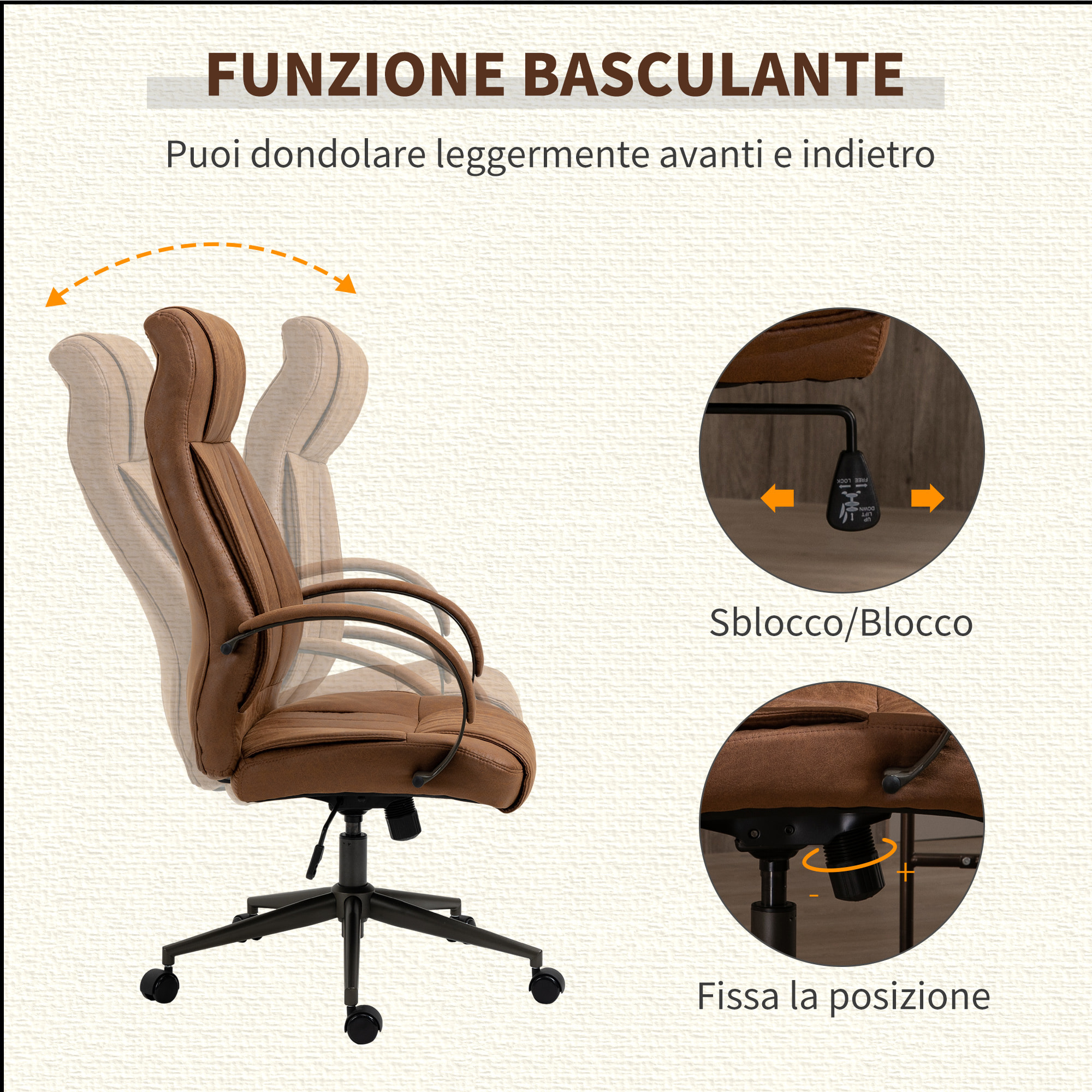 Vinsetto Silla de Oficina Ergonómica Silla Escritorio Giratoria con Altura Ajustable Reposacabezas Reposabrazos y Respaldo Acolchados 61,5x52,5x118-126 cm Marrón