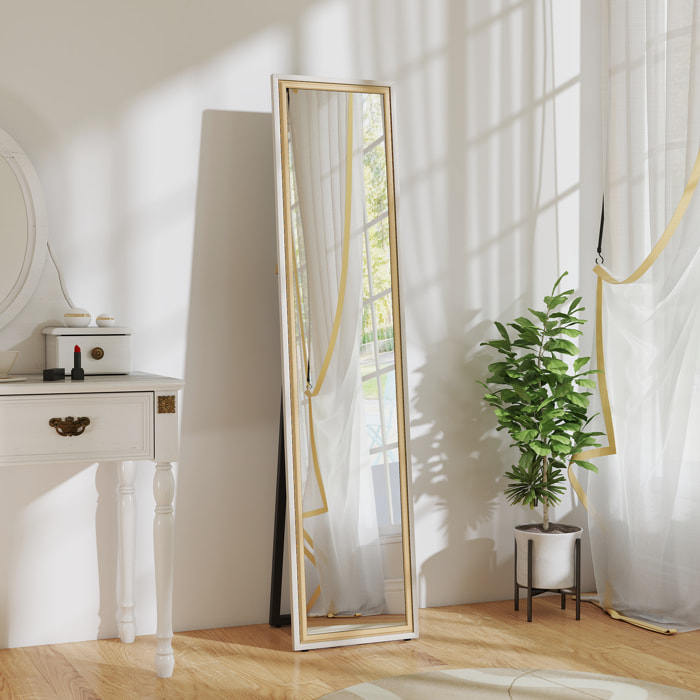 Espejo de Pie Cuerpo Entero 157x37 cm, Espejo Grande de Pared con Marco Bicolor, de Pie, Inclinado o Colgante, para Salón, Dormitorio, Pasillo, Entrada, Blanco y Natural Claro