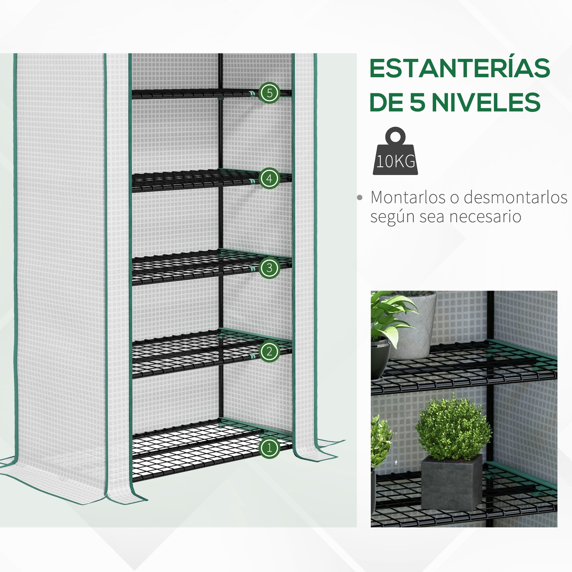 Invernadero de Jardín de 5 Niveles Invernadero Pequeño Exterior con Puerta Enrollable con Cremallera Anti-UV Diseño Ensanchado y Estantes para Cultivo de Plantas Flores 90x49x193 cm Blanco