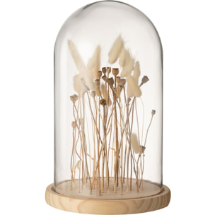 J-Line décoration Cloche Fleurs Sechées - verre/bois - ecru/brun - large