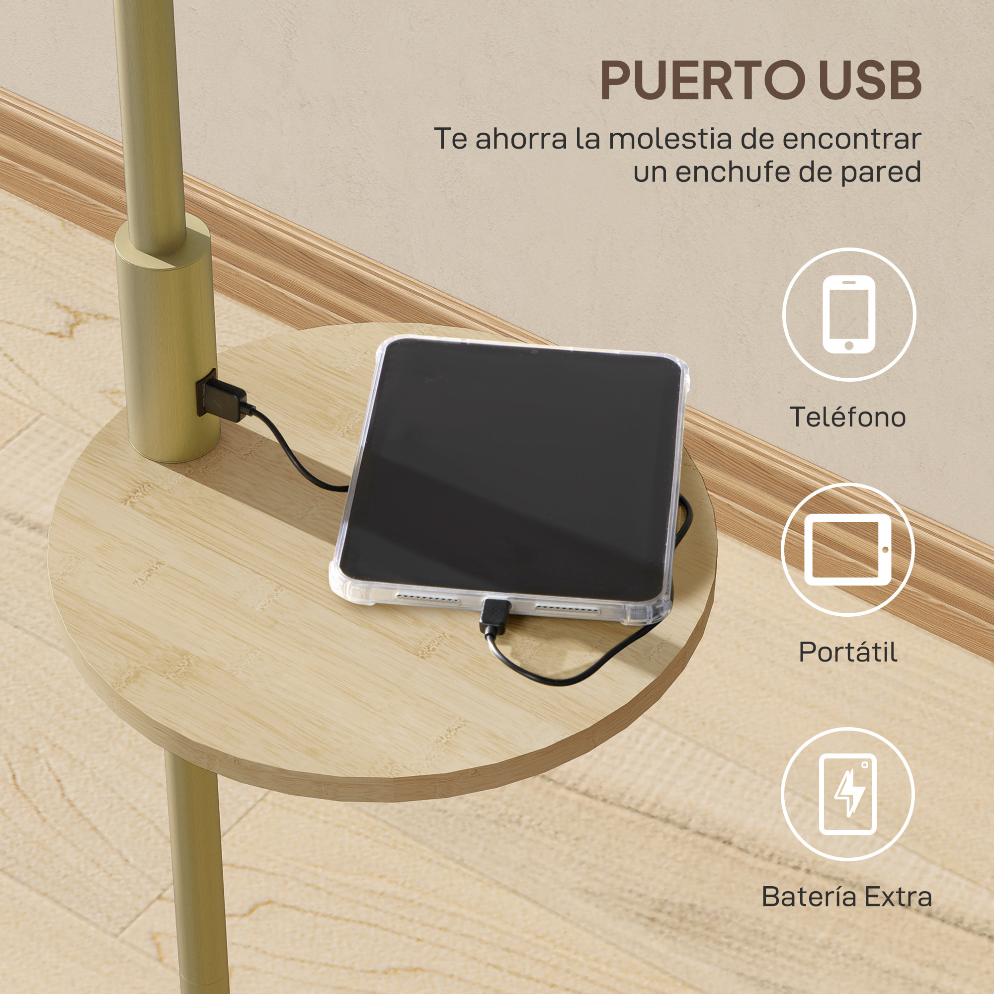 Lámpara de Pie Moderna con Estante, Lámpara de Lectura de Pie 40 W con Pantalla de Lino Sintético Desmontable, Puerto USB, Interruptor de Cadena y Marco de Acero, para Salón, Dormitorio, Dorado